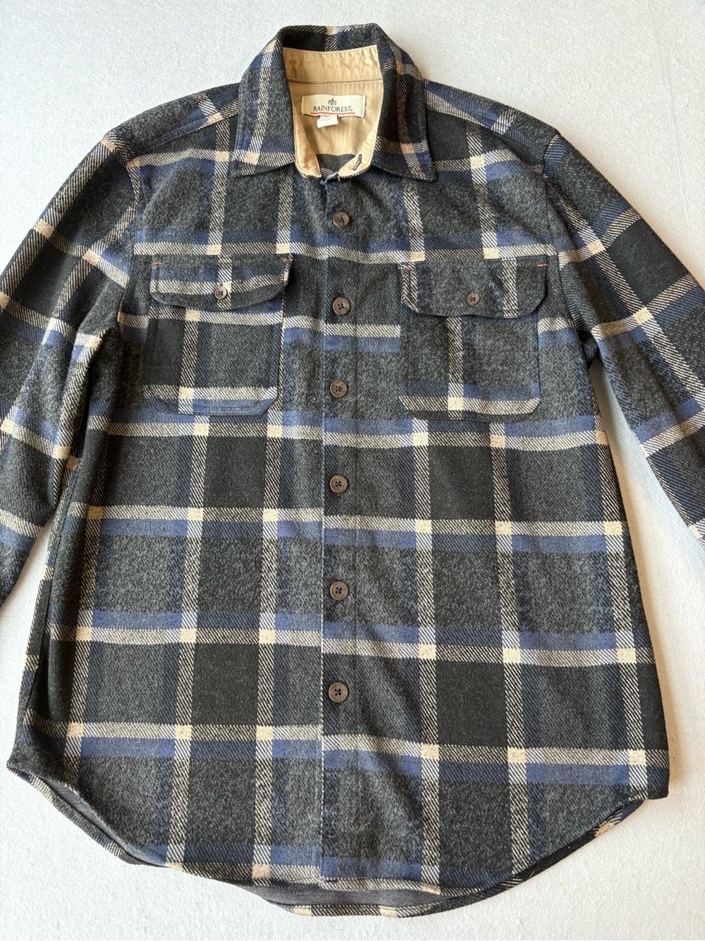 RAINFOREST Men’s Beige Navy Plaid Shirt Jacket Shacket Medium Weight Fall Sz S
